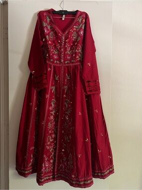 Embroidered Red Maxi Dress with Floral Detail